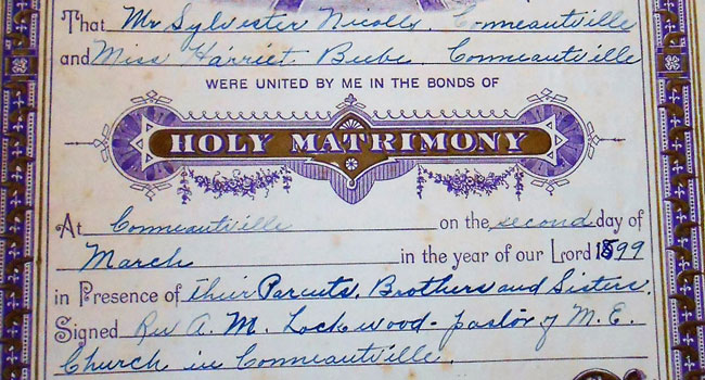 Sylvester & Harriet Nicolls Marriage